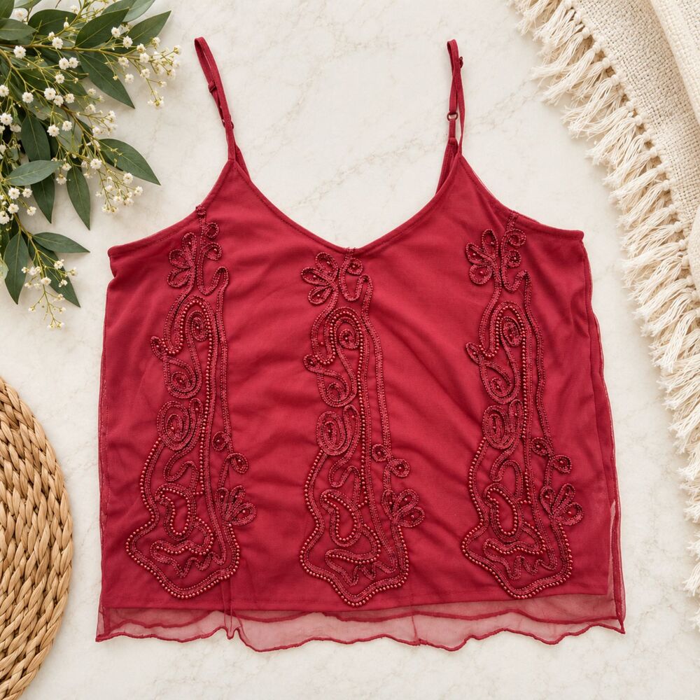 BKE Boutique Women's Medium Burgundy Beaded Mesh Cami Tank Top Boho